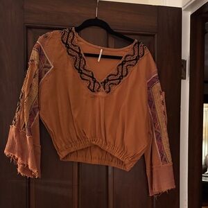 Free People Orange Boho Blouse with Black Accents
